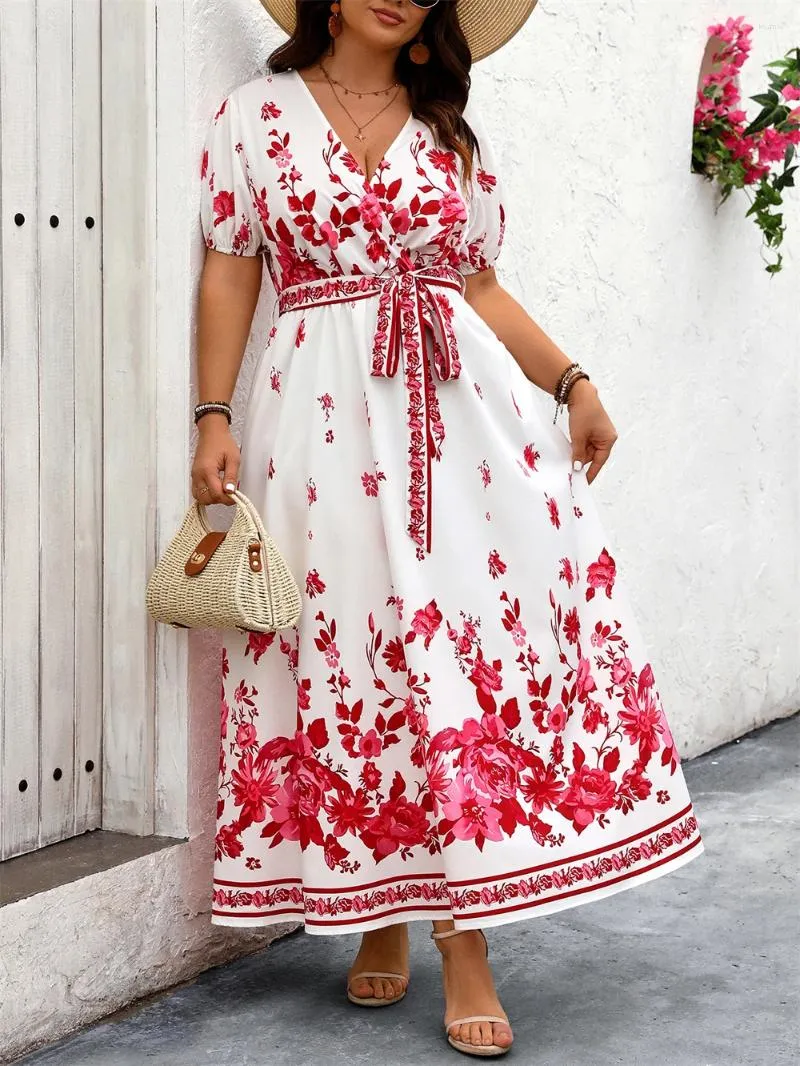 Plus Size A-Line Maxi Dress Women Casual Vacation Floral Print Belted Empire  Waist Short Puff Sleeve Ankle-Length from Dhgate Plus size Dresses - price  41.85