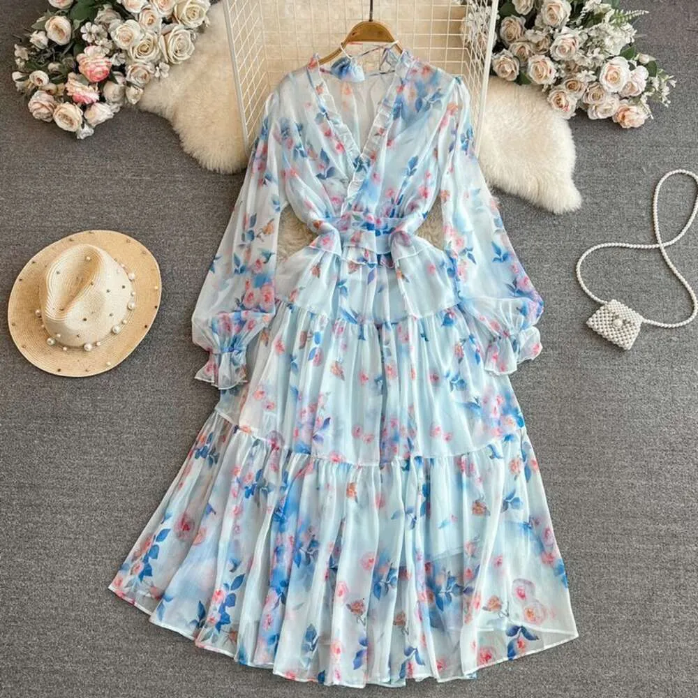 Elegant V-Neck Chiffon Dress: Korean Style Long Sleeve A