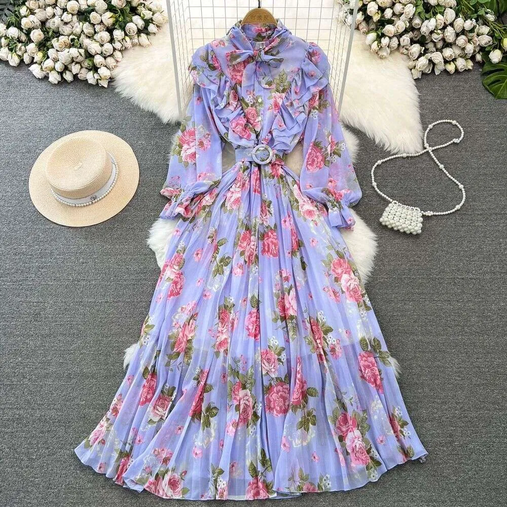 Long Sleeve Chiffon Pleated Maxi Dress With Ruffle Edge And