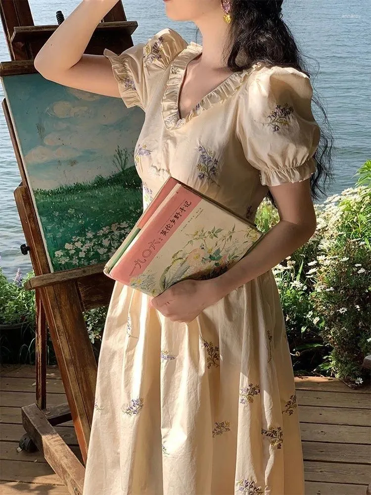 French Vintage Floral Print V-Neck Midi Dress for Women - Elegant A-line Lady Clothing with Flounce robe for Summer Parties French Vintage Floral Print V-Neck Midi Dress for Women - Elegant A-line Lady Clothing with Flounce robe for Summer Parties