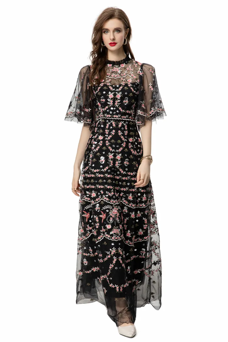 4xl maxi dresses Women's Plus Size Floral Print Cold Shoulder Dress Ruffle Sleeves Maxi Dresses with Side Pockets Black 4XL