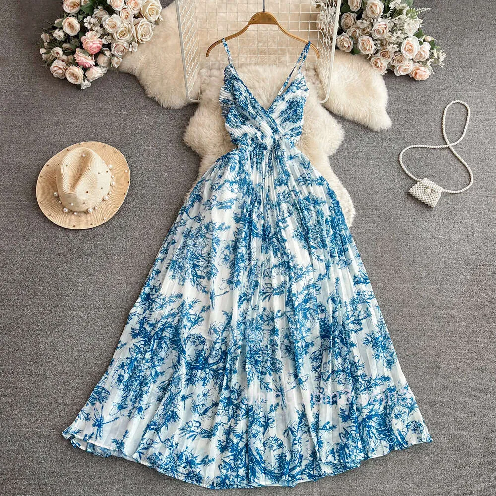 navy blue dress for baby girl floral print v neck pleated dress elegant ruffle sleeve a main image 1