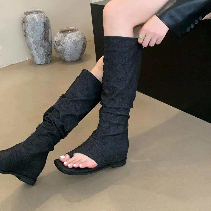 HOT Suede Peep Toe Thigh High Boots Wide Calf Knee High