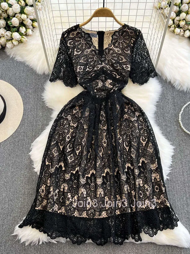 Stylish Summer champagne lace dress with Spliced V-Neck and Hook Detail for Women Stylish Summer champagne lace dress with Spliced V-Neck and Hook Detail for Women