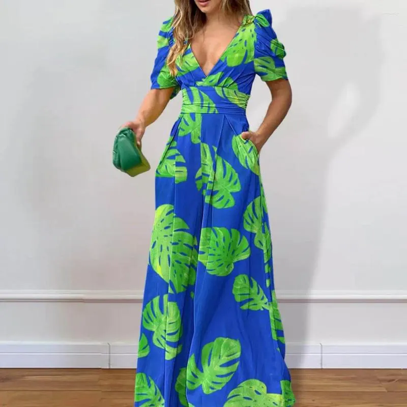 Stylish Leaf Print Maxi Dress with V-Neck and High Waist Side Pockets - Perfect for Summer Beach Parties and Office Style