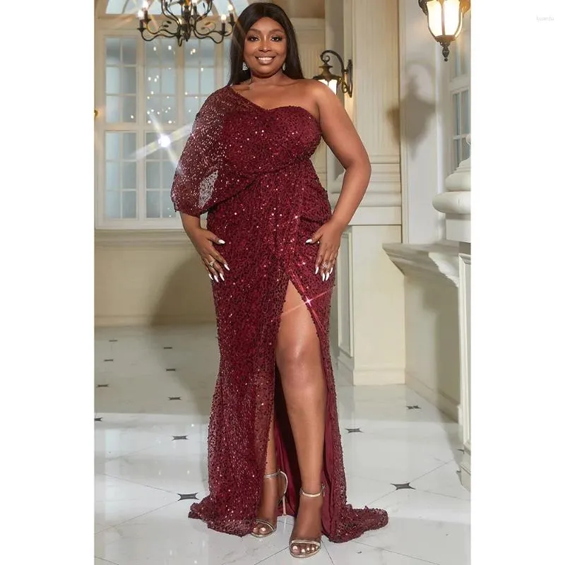 DHgate Plus Size Burgundy Sequin Maxi Dress One Shoulder Backless Formal Gown Apparel