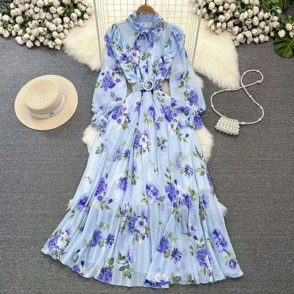 knee length dresses for ladies Pleated Chiffon Floral Midi Dress