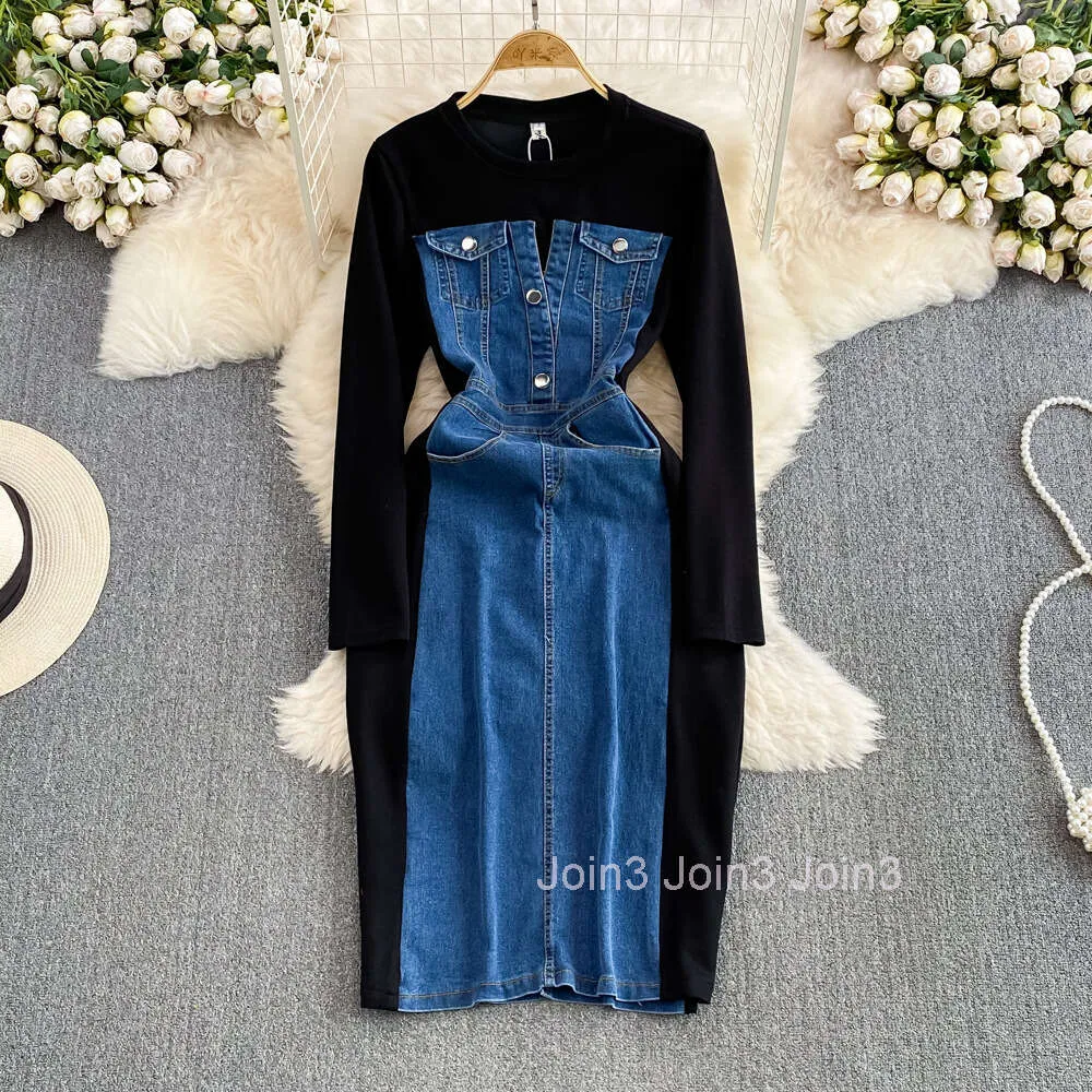 white christmas dresses Ledi W Fake Two-Piece Denim Midi Long Slit Dress- Tete L / Blue main image 0