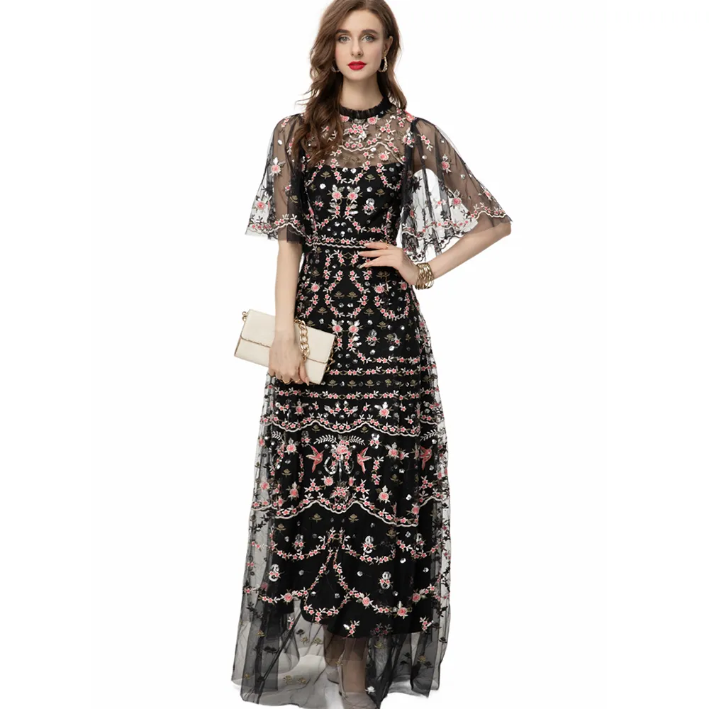 Plus Size Maxi Dress with Half Flare Sleeves and Floral Embroidery in 4XL,  Ankle-Length, Polyester from Dhgate Runway Dresses - price 115.58