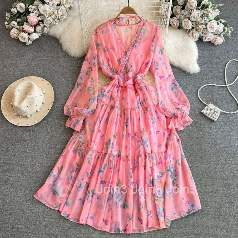 Elegant V-Neck Chiffon Dress: Korean Style Long Sleeve A