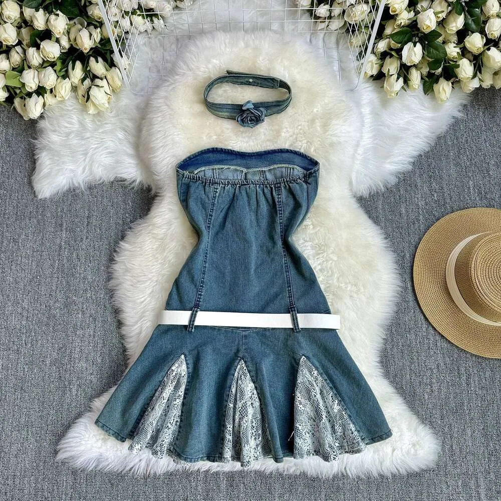 A-line denim skirt womens summer distressed patchwork high waist strapless  medium length from Dhgate Basic & Casual Dresses - price 38.7