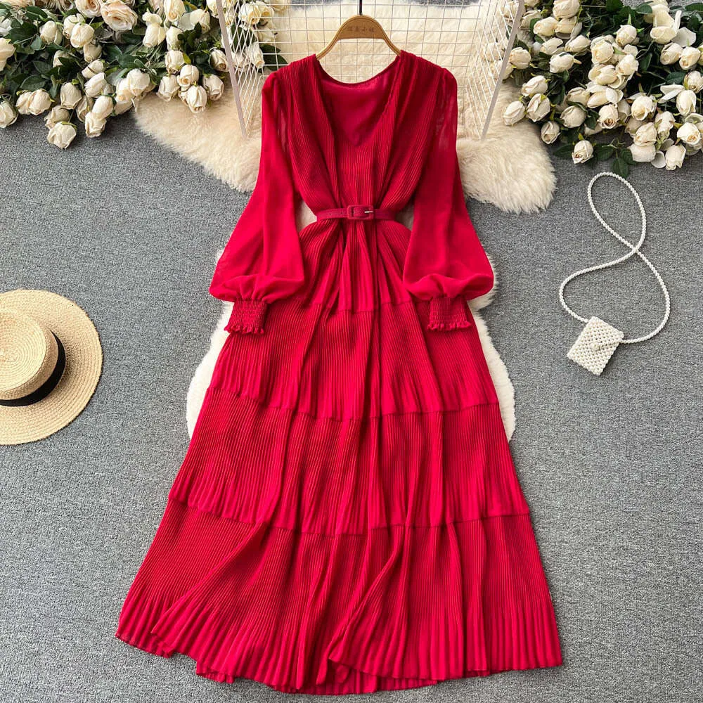 National Style V-Neck Bubble Sleeve Waist red maxi dress - Feminine Swing Knee Cake red maxi dress for Spring Fashion
