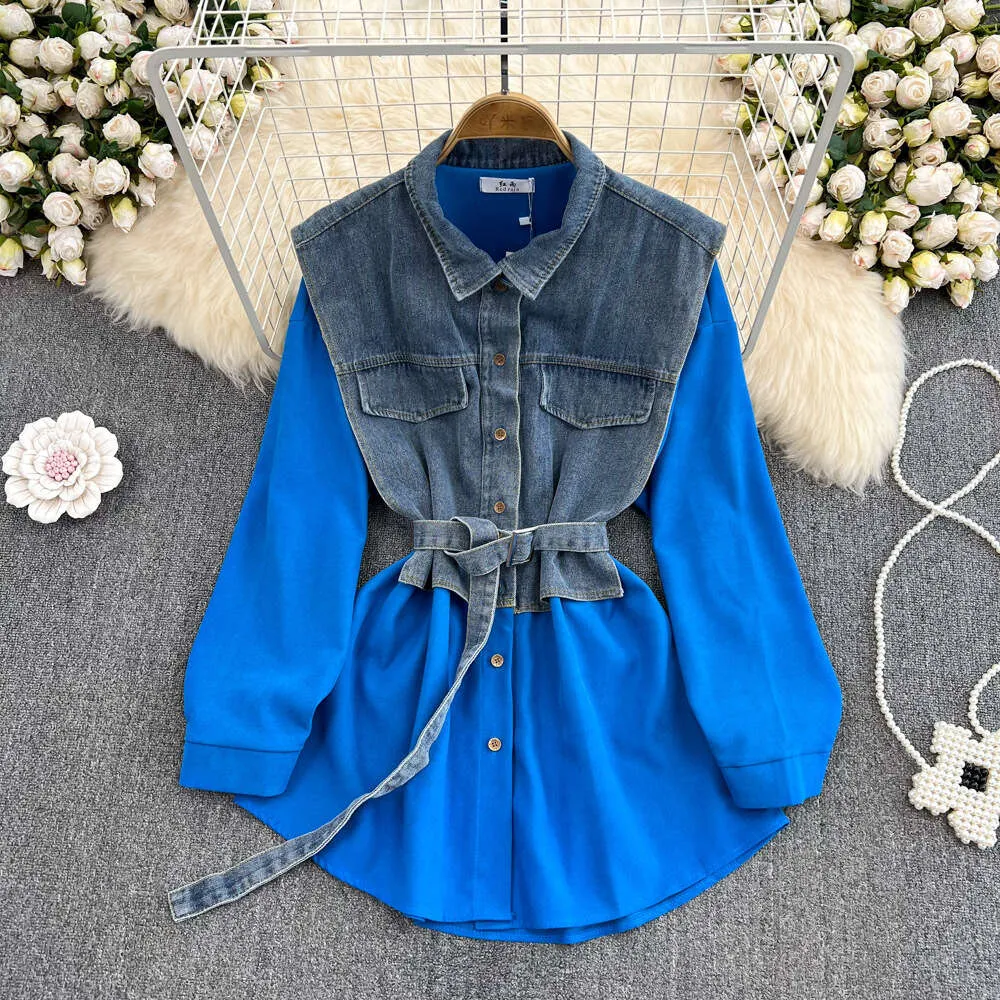 A-Line Denim Patchwork Shirt Dress: Hong Kong Style Single