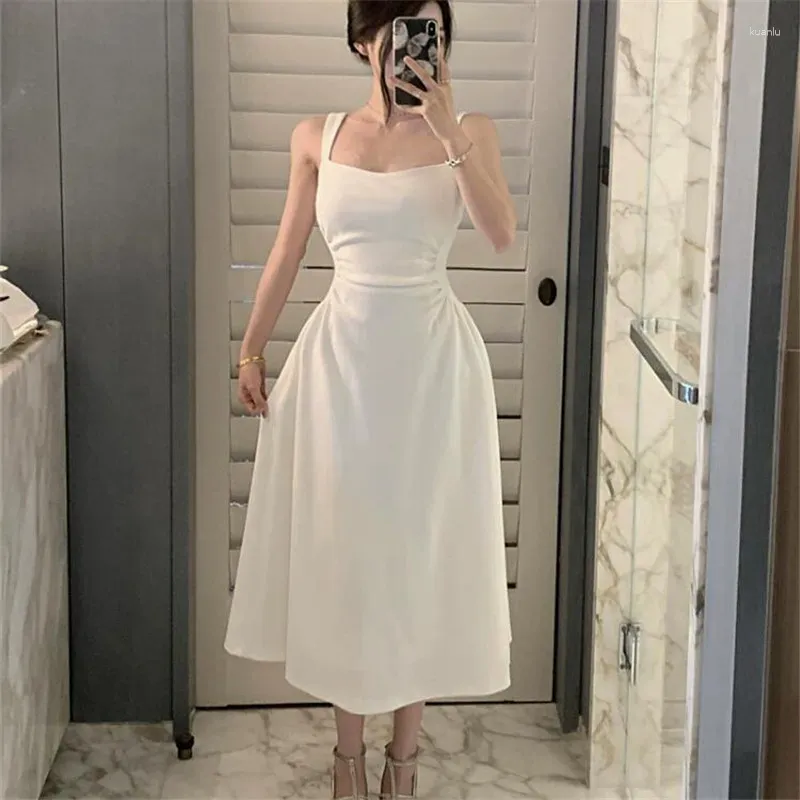 Vintage French Ballet Hepburn Long White dress - Slim Fit A-Line with Square Collar and Suspender for Casual Summer Parties and Holidays