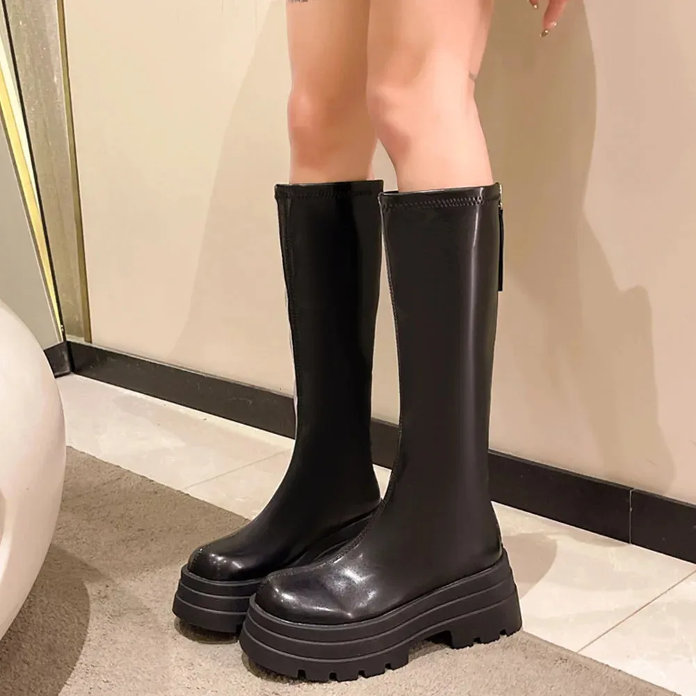 Platform Thick Sole Knee High Boots: Womens Winter Elastic