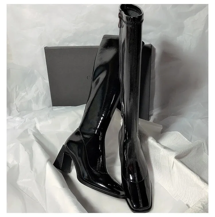 7cm Women Long Boots High Quality Leather Patent Leather Ladies Zip Knight Boots Fashion High Heel Knee High Lady Boots 240611