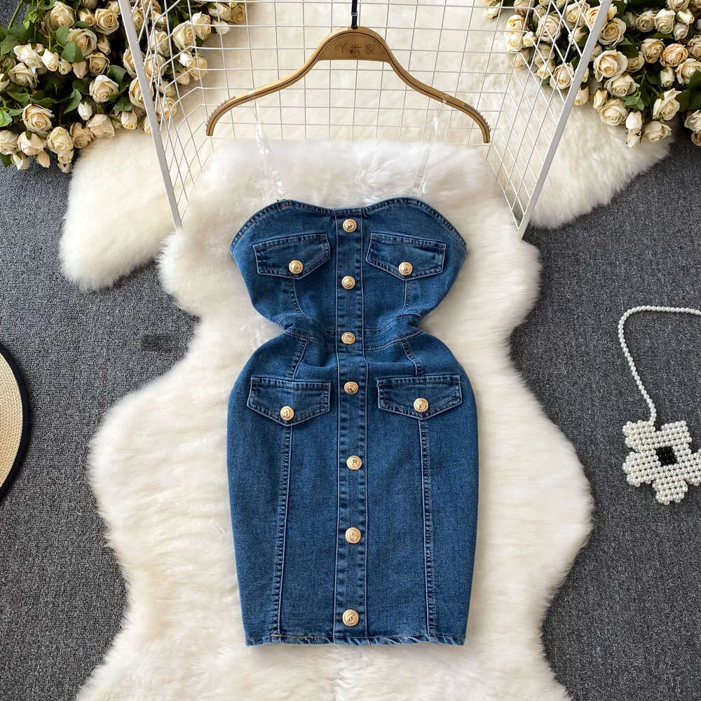 strapless denim bodycon dress Medium Wash Denim Strapless Bodycon Midi Dress