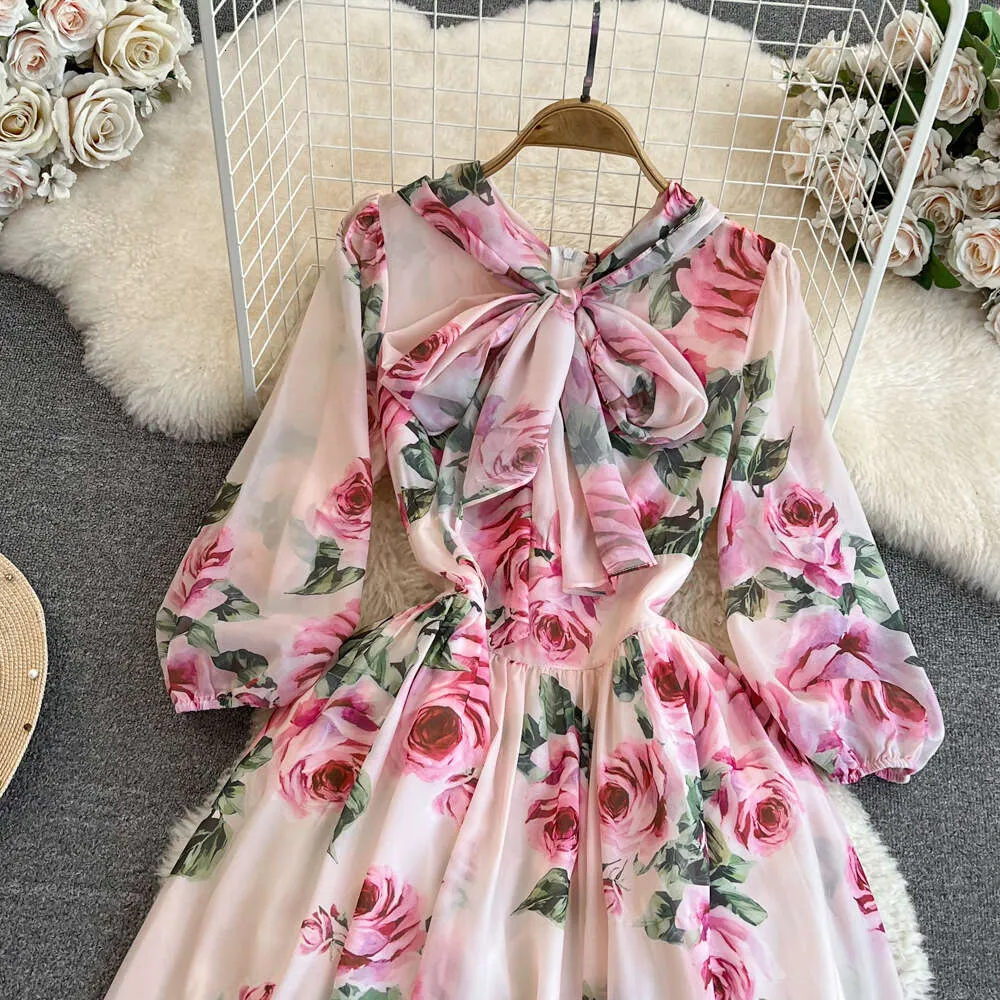 ★sinoon★RIBBON PUFF LONG SLEEVE Mature Style A-line Printed Chiffon white dress with Long