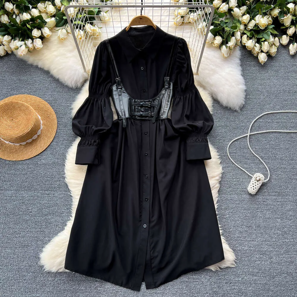 Korean style womens mini A-line dress with lantern sleeves and layered black  leather jacket vest from Dhgate Basic & Casual Dresses - price 36.19