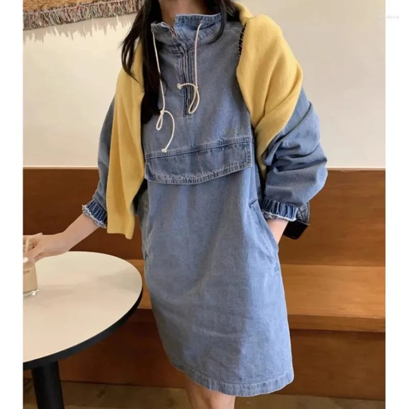 Casual Dresses Vintage Stand-up Collar Half Zipper Female Loose  Multi-pocket Denim Dress Spring Long-sleeved from Dhgate Basic & Casual  Dresses - price 50.66