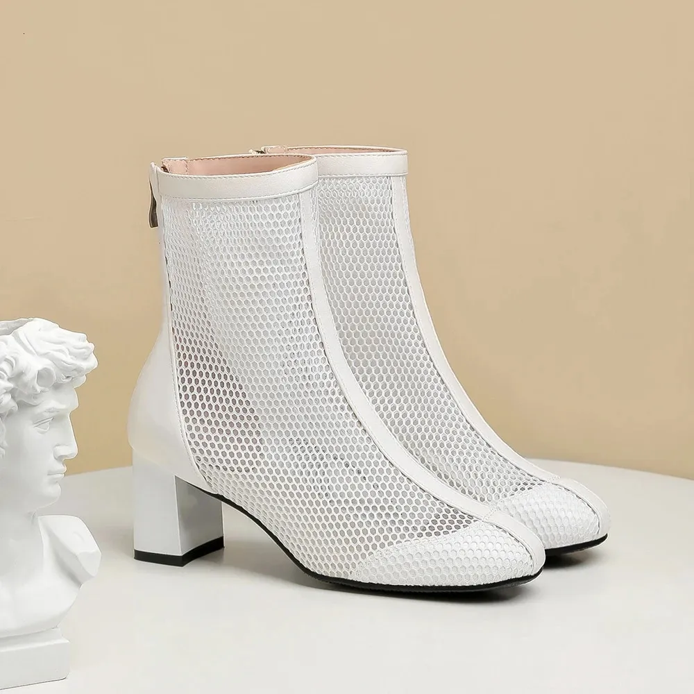 Airy Mesh Summer Ankle Boots: Square High Heels for Women
