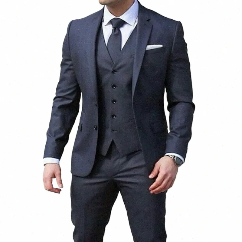 Mens 3-Piece Formal Wedding Suit: Navy Blue, Notched Lapel