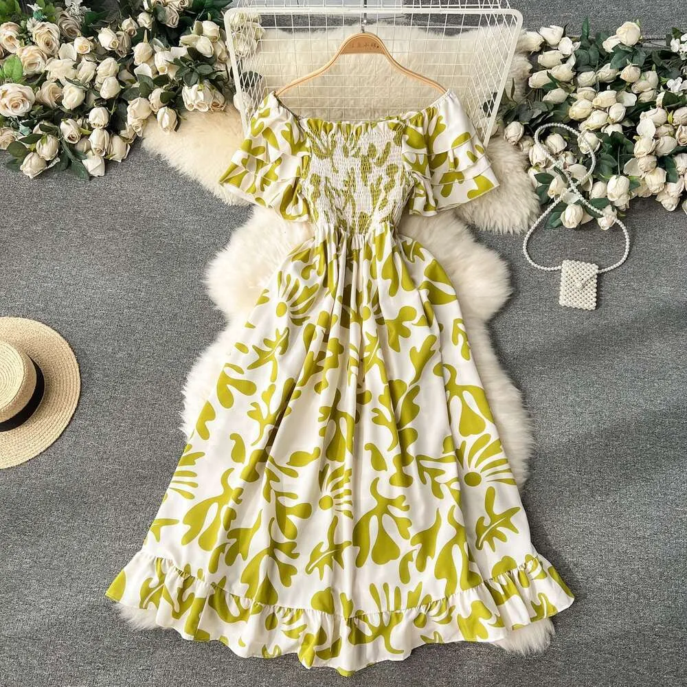 short sleeve holiday dress VSSSJ Women's Puff Short Sleeve Square Neck Lace-Up Casual Holiday Dress Boho Floral Print Ruched Tunic High Split Flowy Maxi Dress Blue L