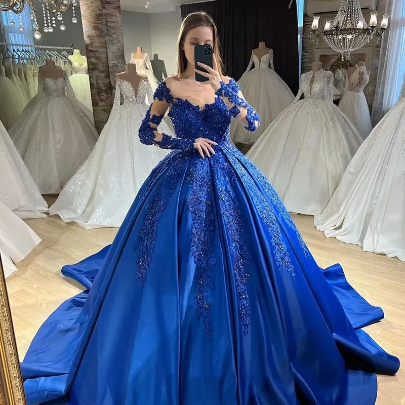 Royal Blue Sheer Lace Prom Dress with Embroidered Beads for Party and  Evening Occasions