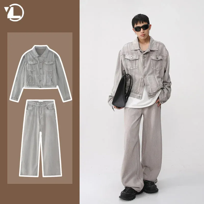 Mens Hip-Hop Denim Set: Spring-Autumn Denim Jacket and Wide