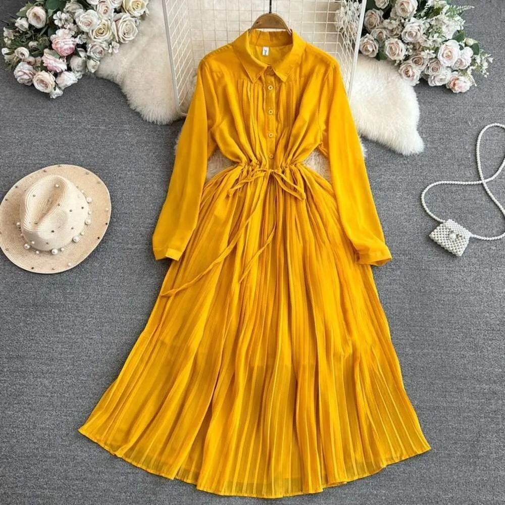 Korean Style A-line Pleated Shirt Dress for Women - Long Sleeved pink polo Shirt womens Neck, Slim Fit, Mid Length - Perfect for Spring and Autumn