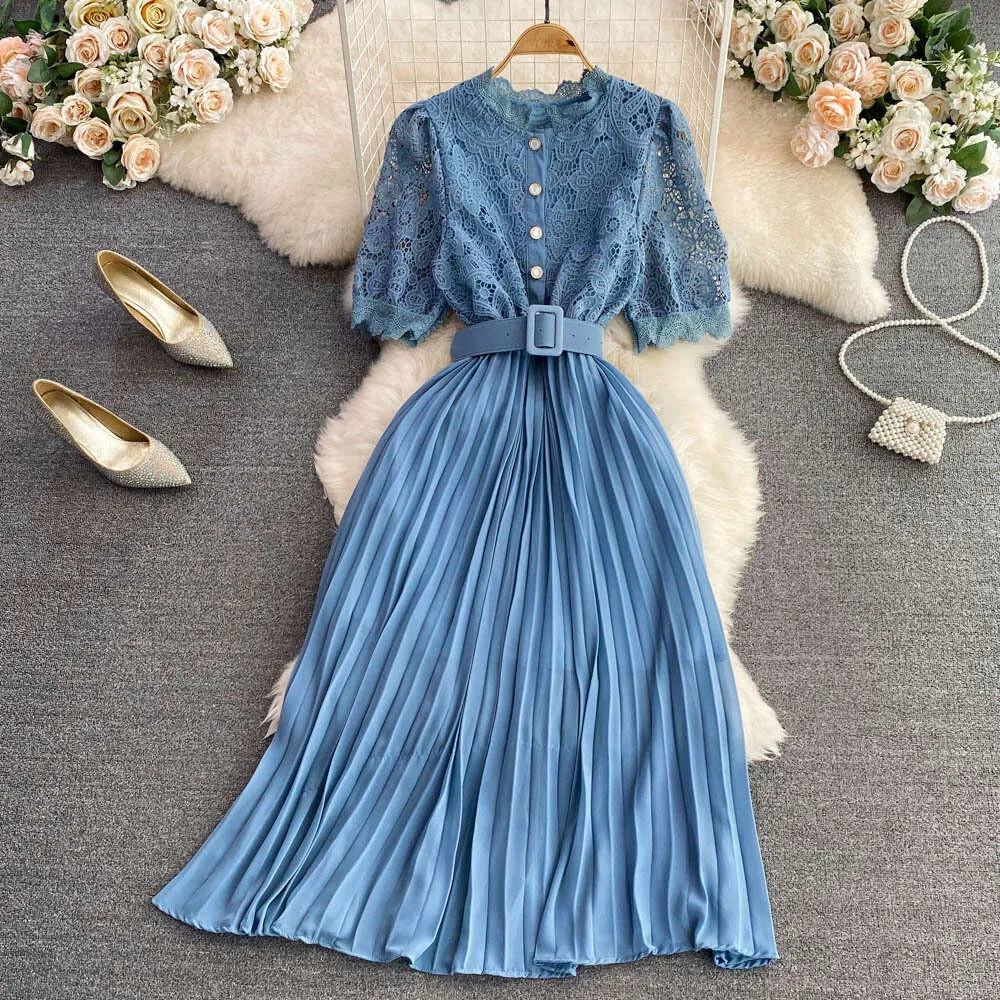 Water-soluble lace patchwork pleated dress with short sleeves and round  neck, long swing skirt from Dhgate Basic & Casual Dresses - price 34.18
