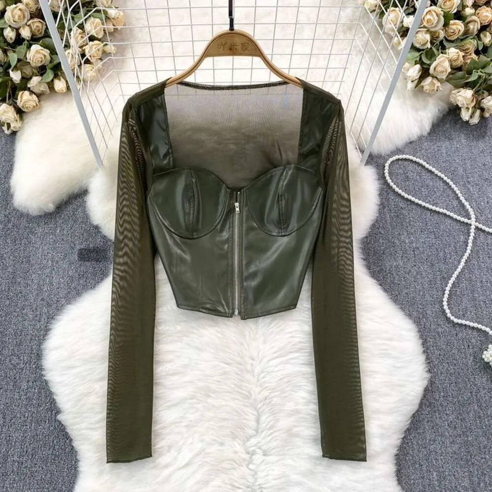 Camisa De Cuero Sintética Para Mujeres Manga Larga Mesh Empalmada