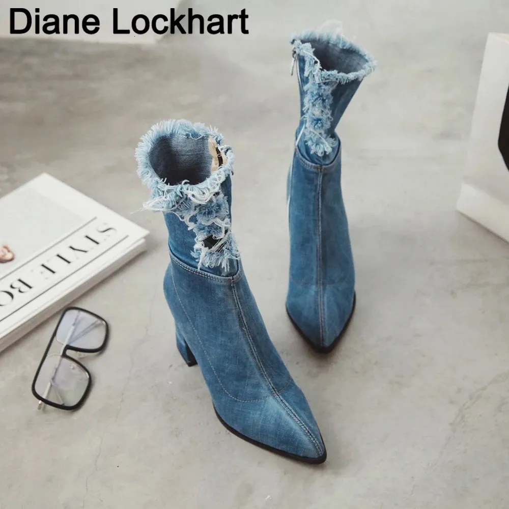 Women's Denim Ankle Cowboy Boots, Pointed Toe, Elastic, Thick Heel, High  Heels, Plus Size 34-43, Female Socks Boots 240611