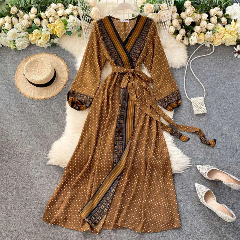 2020 Women's Thin Chiffon Print Lace-Up Waist Chiffon Maxi Dress - Perfect for Travel, Holidays, and Autumn
