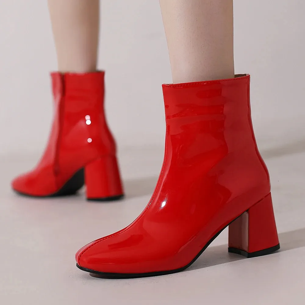 Patent Leather Ankle Boots for Women, Casual Elegant Short Waterproof Shoes, Red/White, Party Shoes, 2024 Patent Leather Ankle Boots for Women, Casual Elegant Short Waterproof Shoes, Red/White, Party Shoes, 2024