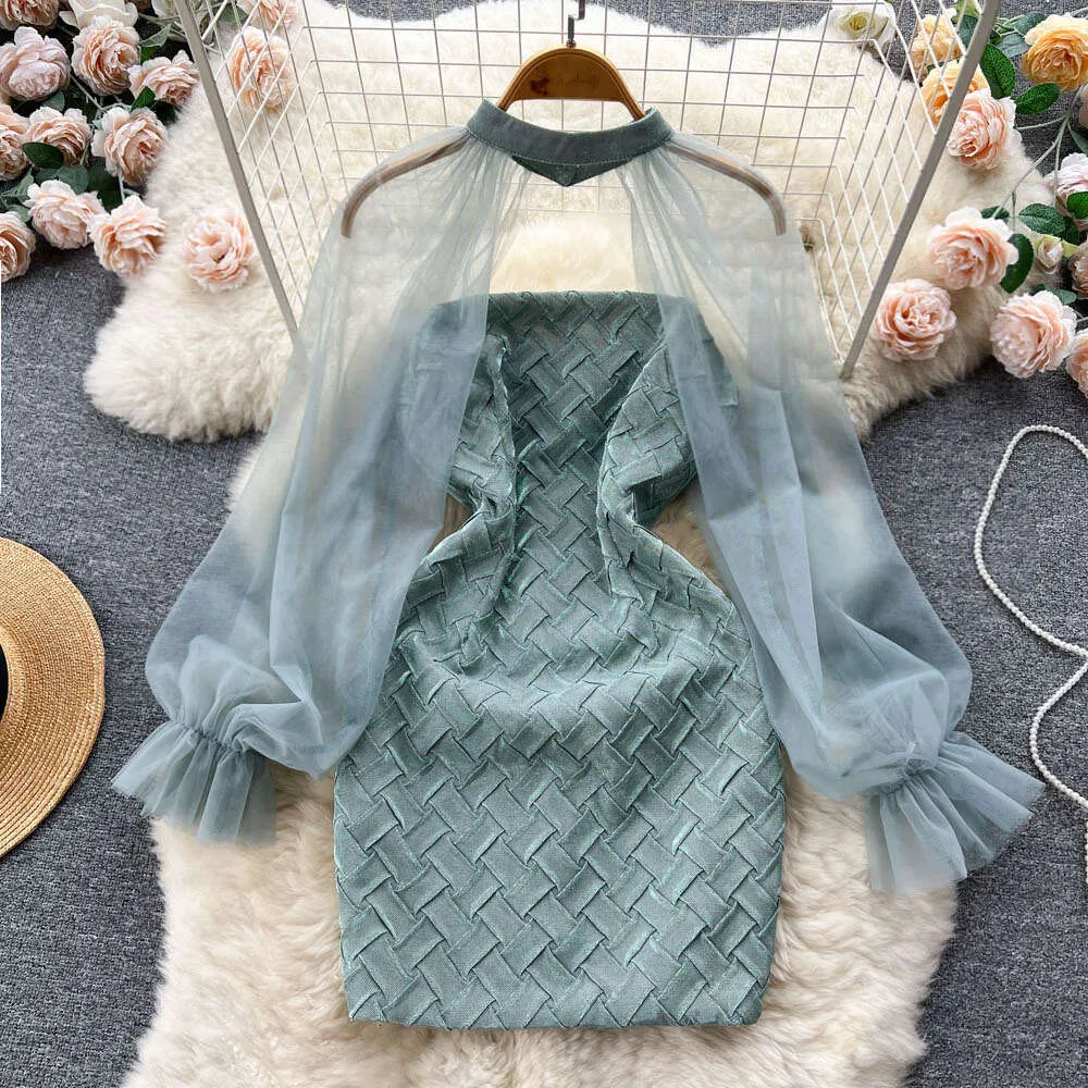 open lace back dress Blue One Shoulder Lantern Sleeve Printed Fishtail Vintage Dress, Blue / S