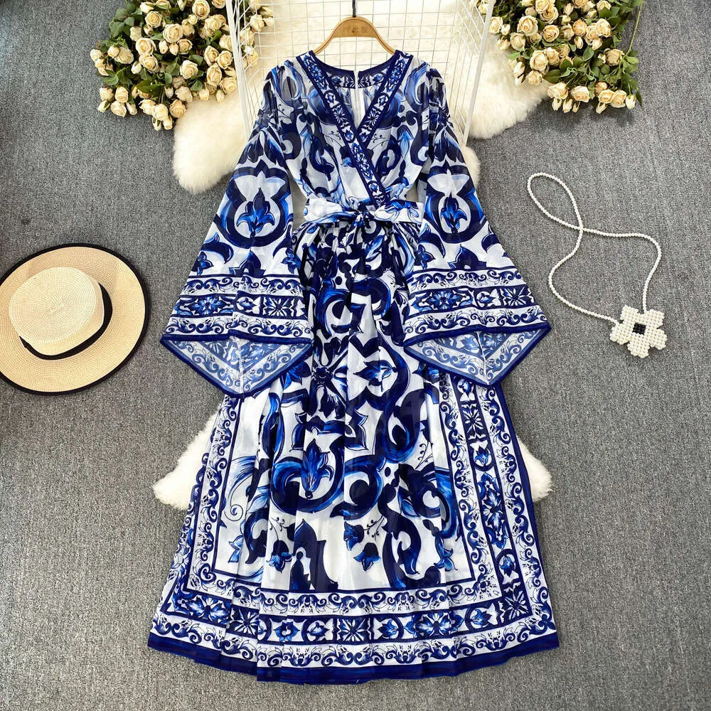 Printed Dress Womens 24ss Early Autumn V-Neck Loose Lace Up Waist Flare  Sleeve Long Dress from Dhgate Basic & Casual Dresses - price 27.14
