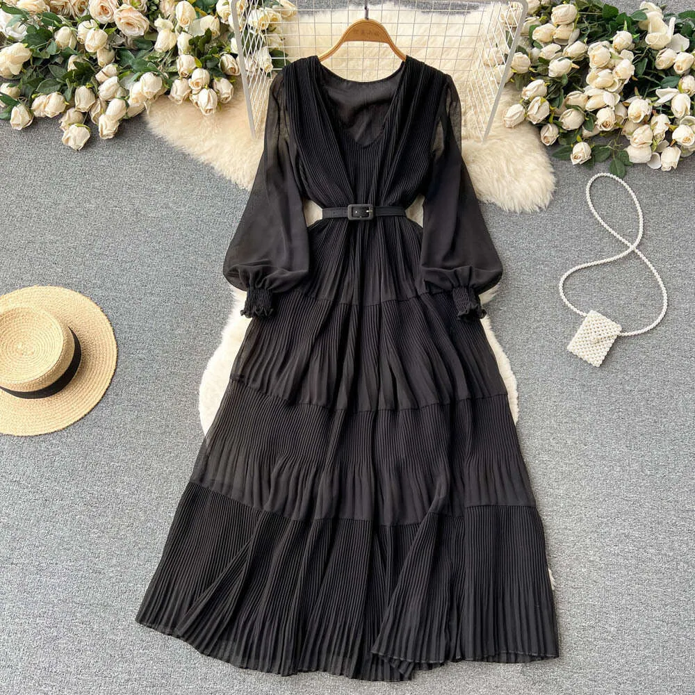 National Style V-Neck Bubble Sleeve Waist red maxi dress - Feminine Swing Knee Cake red maxi dress for Spring Fashion