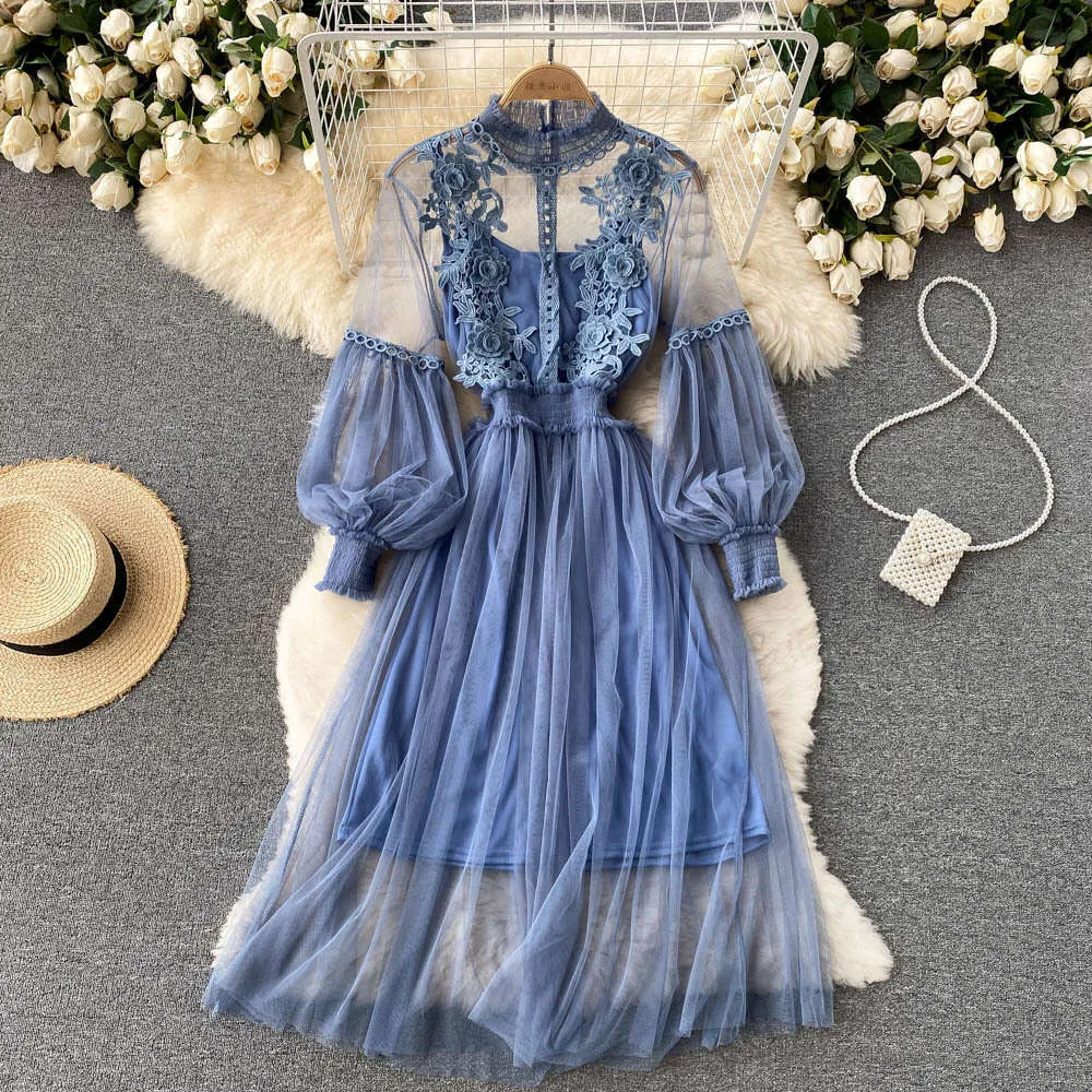 Fairy chiffon maxi dress Two-Piece Suit with Heavy Industry Three-Dimensional Flower Mesh, Stand Collar, Lantern Sleeves, and High Waist Suspender