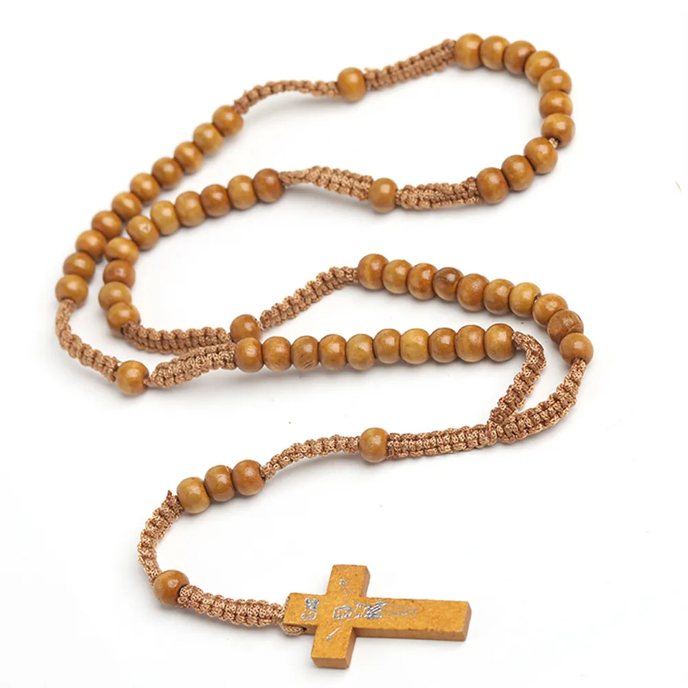 Jésus-Christ En Bois Perles 8mm Perles De Chapelet Croix Pendentif Tiss Corde Cha