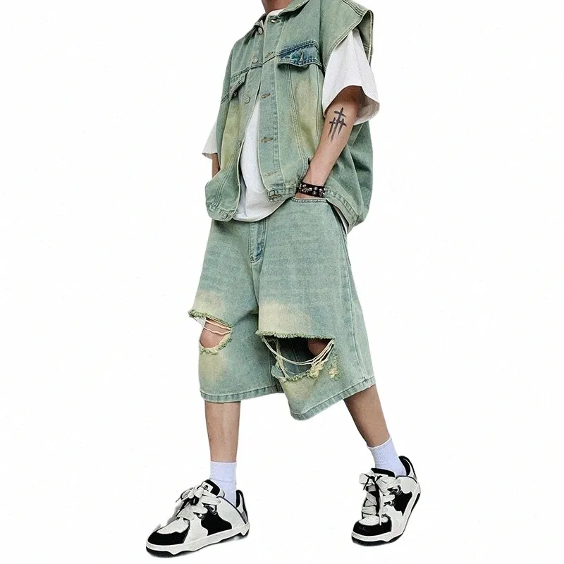 Denim Vest Shorts Suit for Men, Summer Sleeveless Jacket, Thin