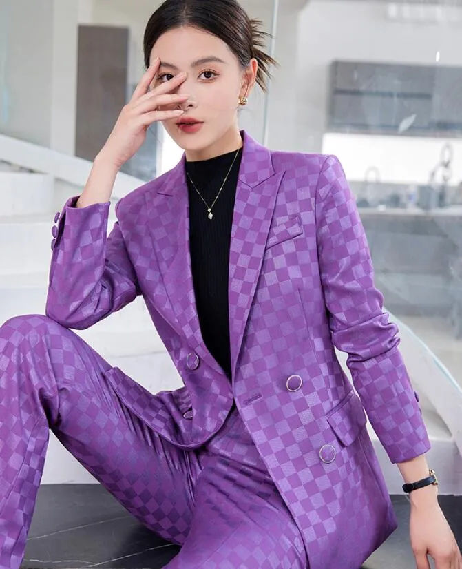 Women s Plaid Split Blazer Suit Purple and Pink Designer Slim Fit Business Office Work Suit