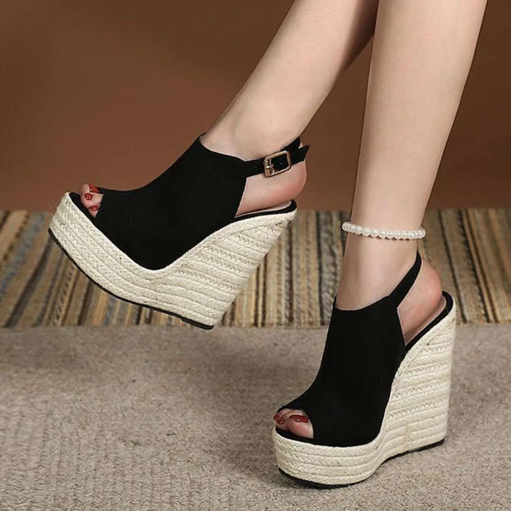 Black Platform Wedge Sandals Summer Peep Toe Buckle High Heel
