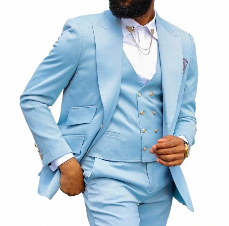 Mens Vintage 3-Piece Suit Set: Sky Blue Slim Fit Blazer