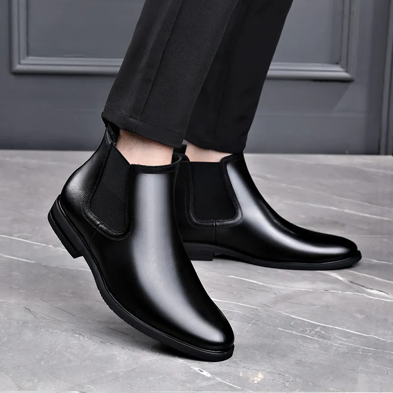 British Style Genuine Leather boots for Men - Pointed Toe, High Top Ankle Shoes for Autumn/Winter