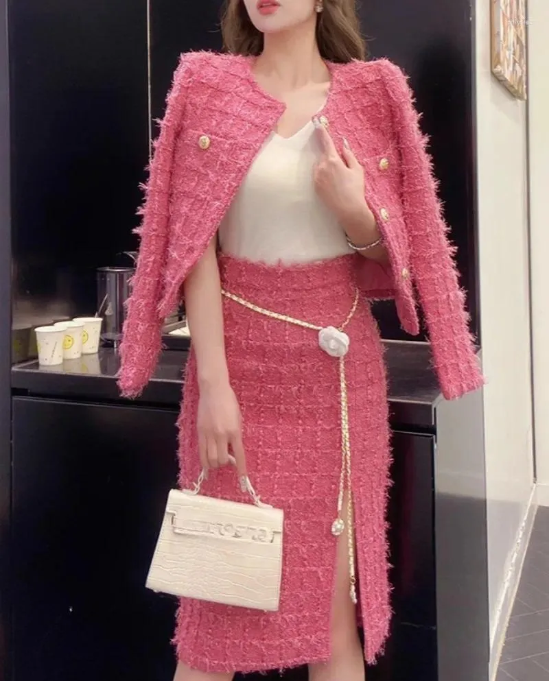 Women's Tweed Tracksuit, Elegant Rose Red 2-Piece Set with Split Skirts