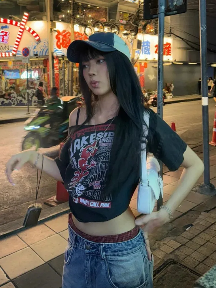 Gothic Black Off Shoulder Crop Top Women Short Sleeve T-Shirt 100