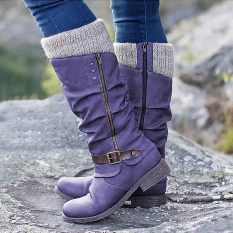 Women's Winter Mid-Calf Motorcycle Boots - Lace-Up Side Zipper, Round Toe, Non-Slip, With Faux Fur