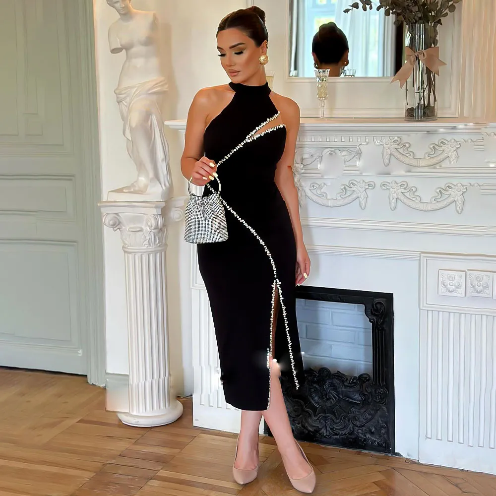 Timeless Black Crystal Sheath Prom Cocktail Dress for Sparkling Soirees