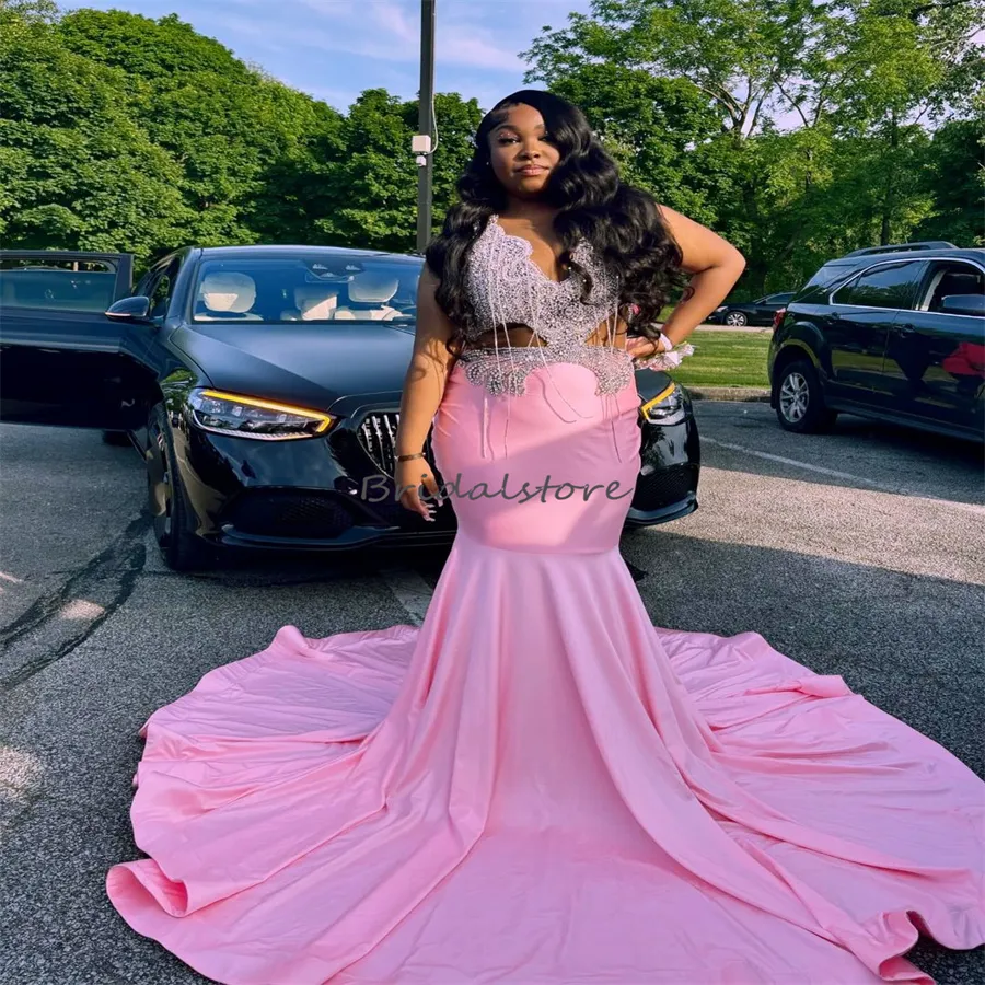 strapless open back dress Spaghetti A-line Beaded Pink Prom Dresses, Long Fluffy Prom Dresses, P –  ClaireBridal